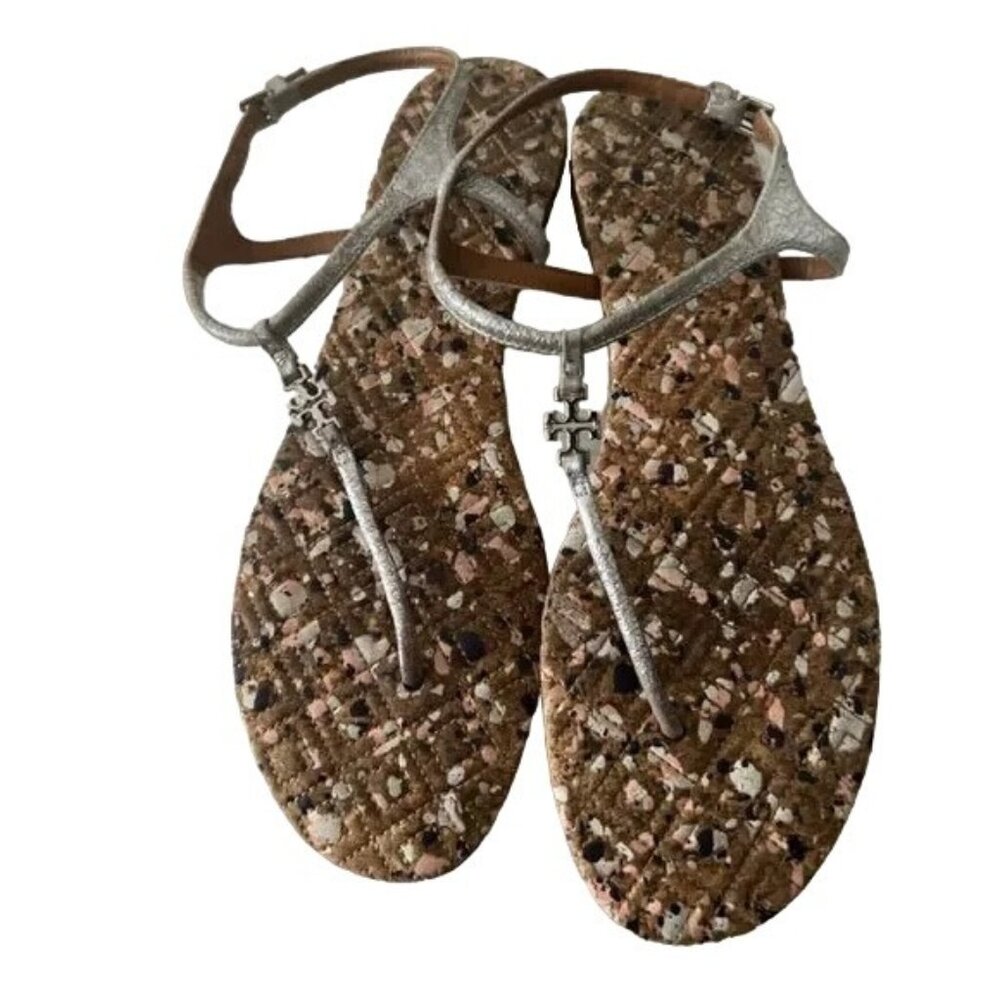 Tory Burch Marion Confetti Quilted Silver T Strap Leather Thong Sandals size 9